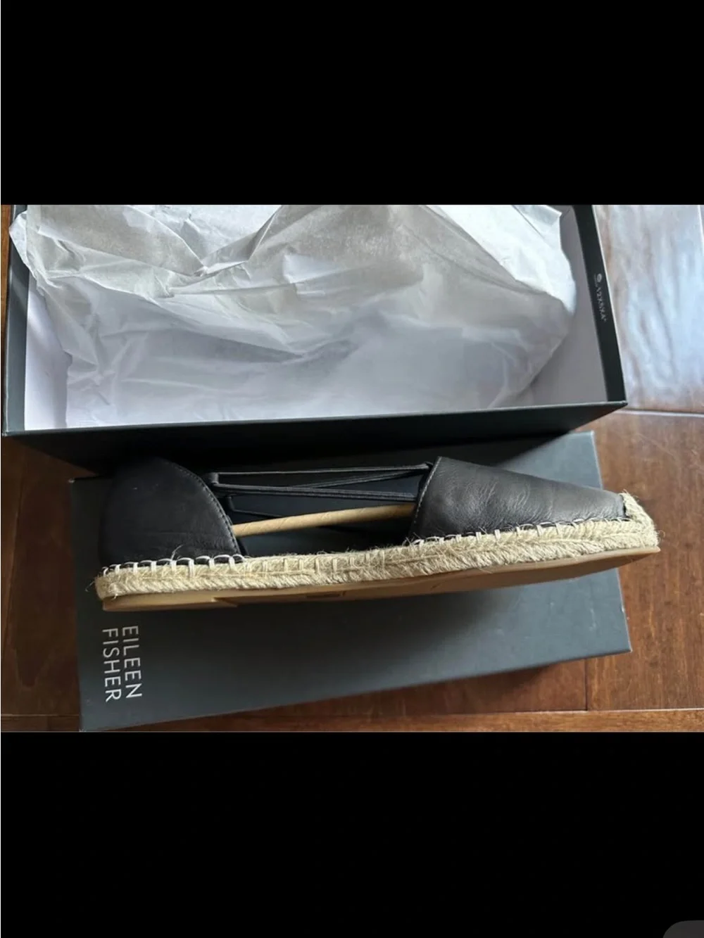 Eileen Fisher Black Leather Espadrille Flats with Elastic Cross-Straps